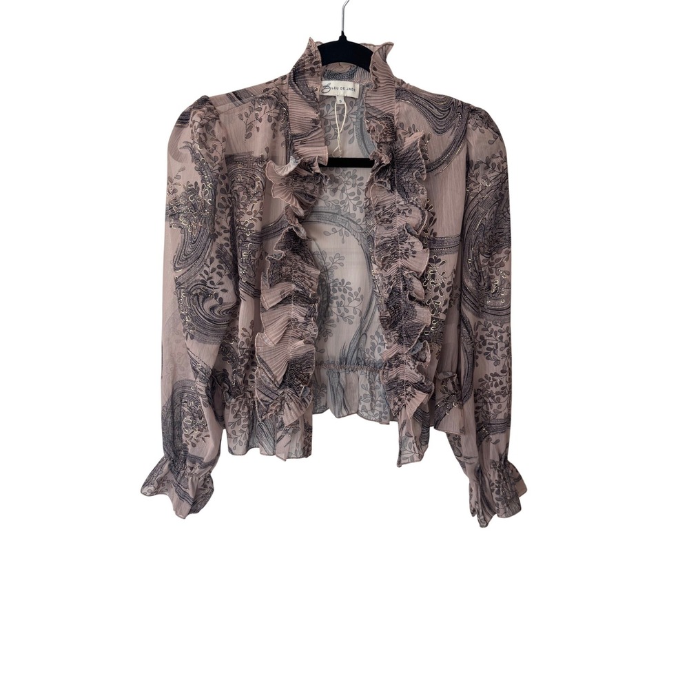 Bleu de Jade Boho Paisley Ruffle Open Front Blouse Gold Metallic Sheer Small